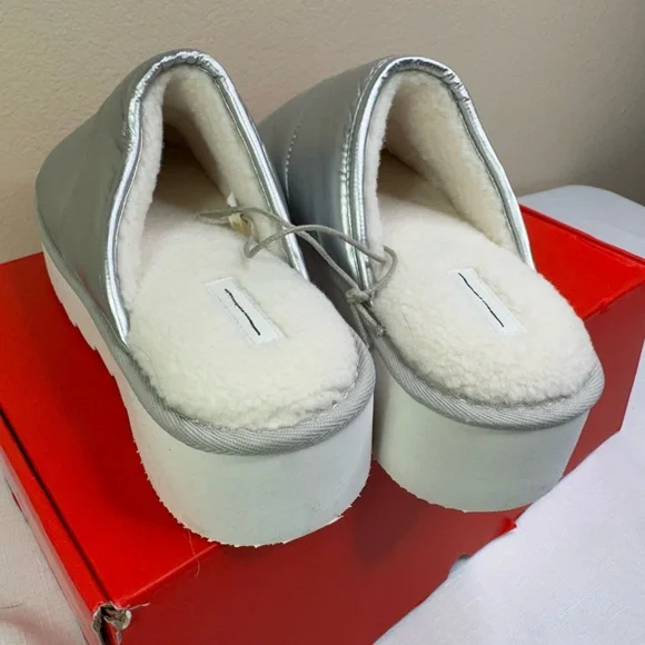 Anthropologie Maeve | SZ Large (10/11| Puffy Platform Slipper Shoes Silver - Picture 4 of 9